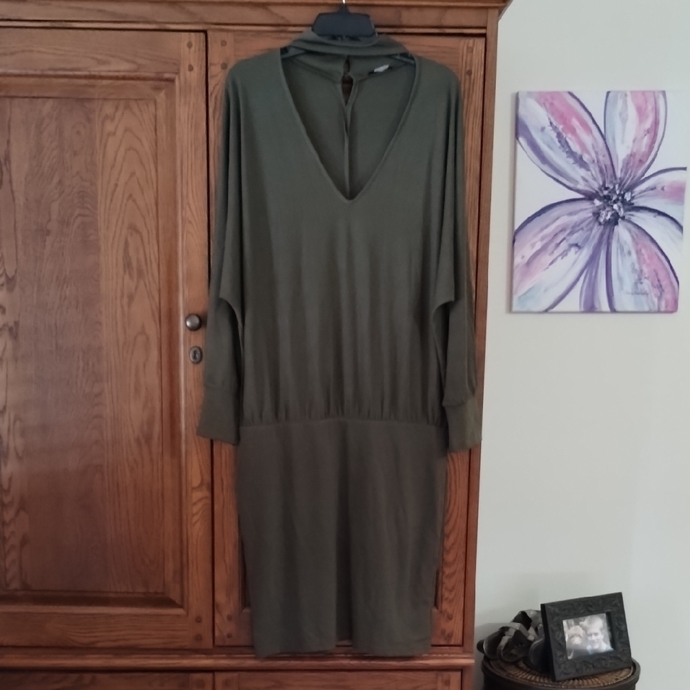VENUS Deep V-Neck Long Sleeve Dress in Olive Green